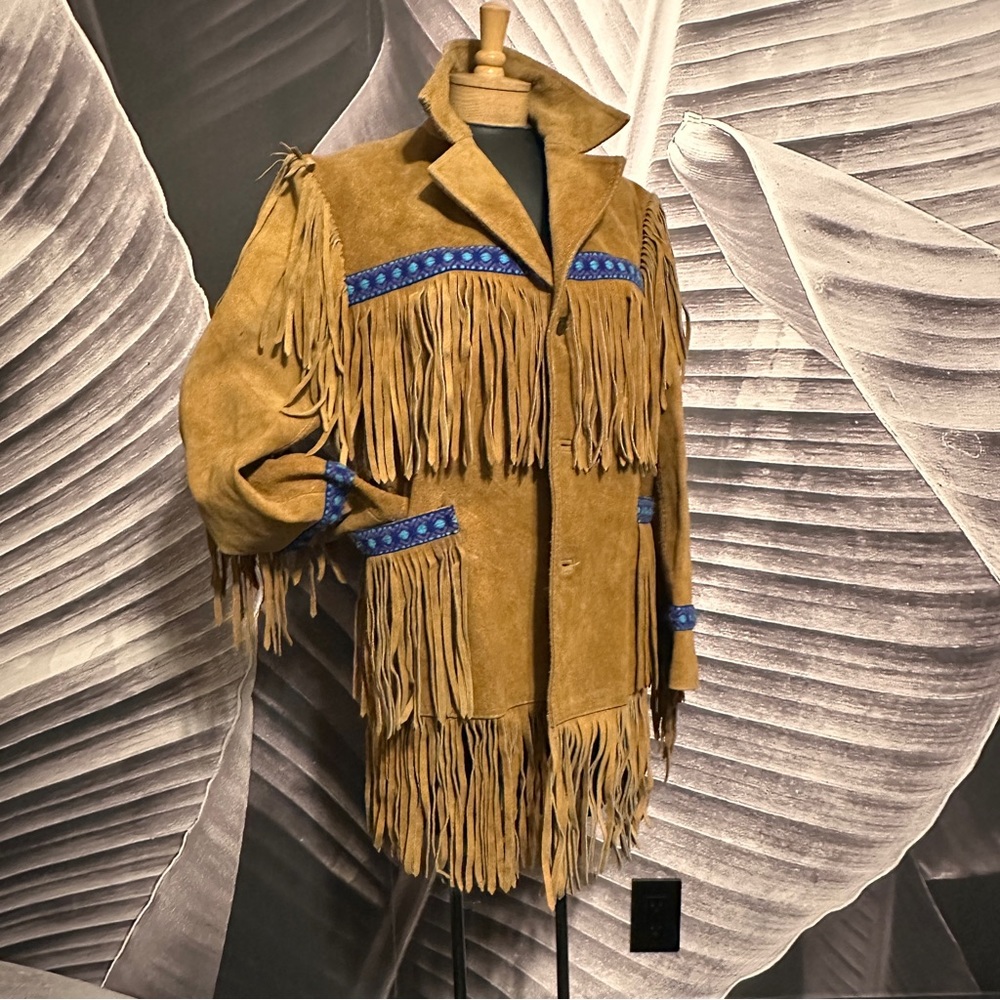 Vintage 70s Lee Rider M Suede Leather Coat Fringed with Trim in Blue Purple